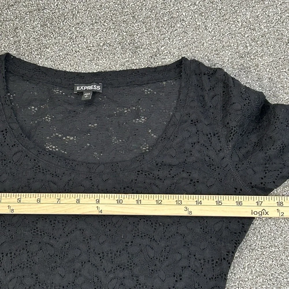 Express Black Floral Stretchy Lace Sheer Top Women's S Long Sleeve Scoop Neck